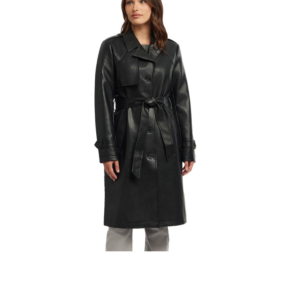 Ellen Tracy Women’s Faux Leather Trench Coat – Black